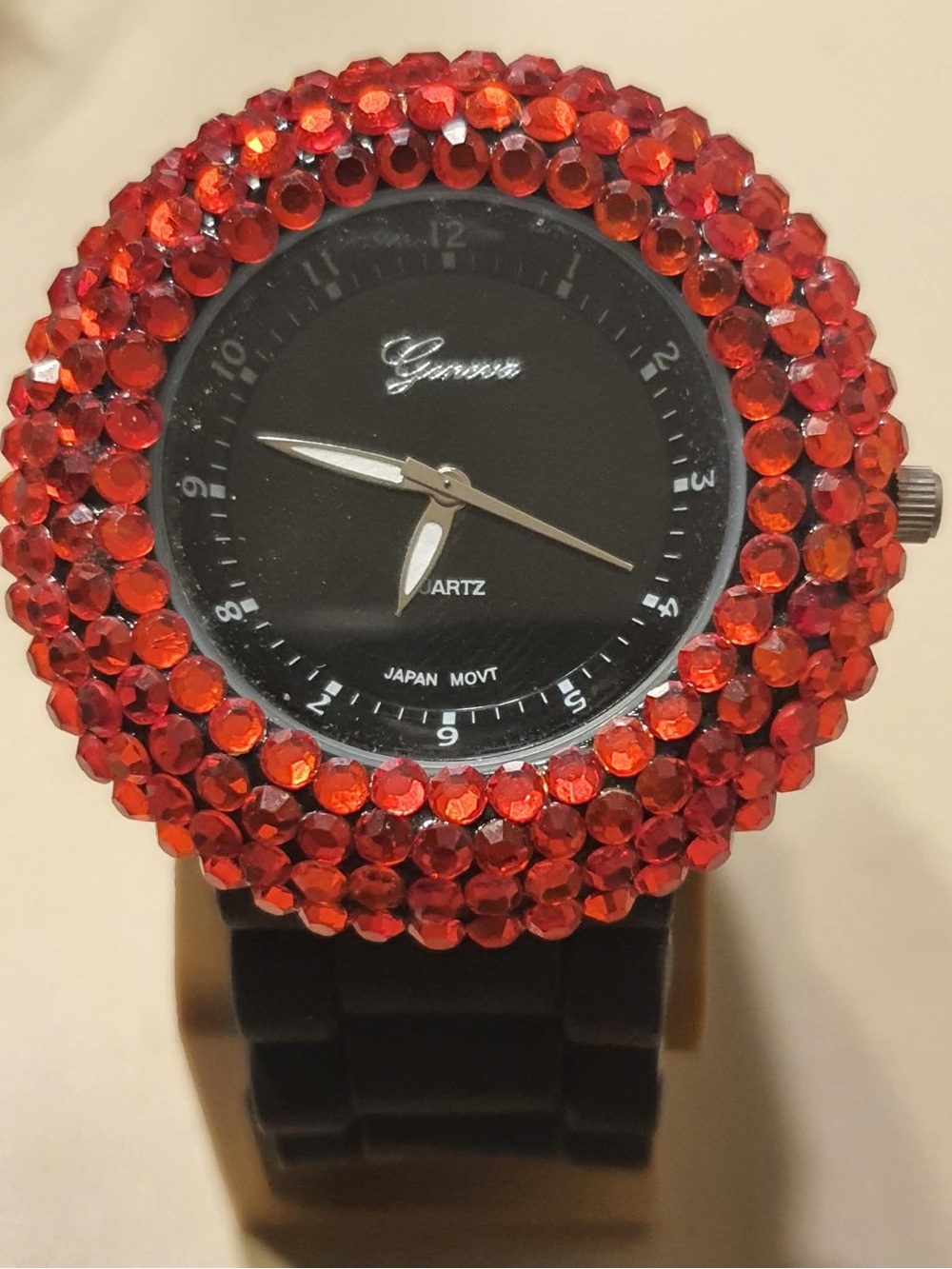 🦋10/$20🦋 Geneva #484 Black/Red Rhinestone Silicone Women's Watch